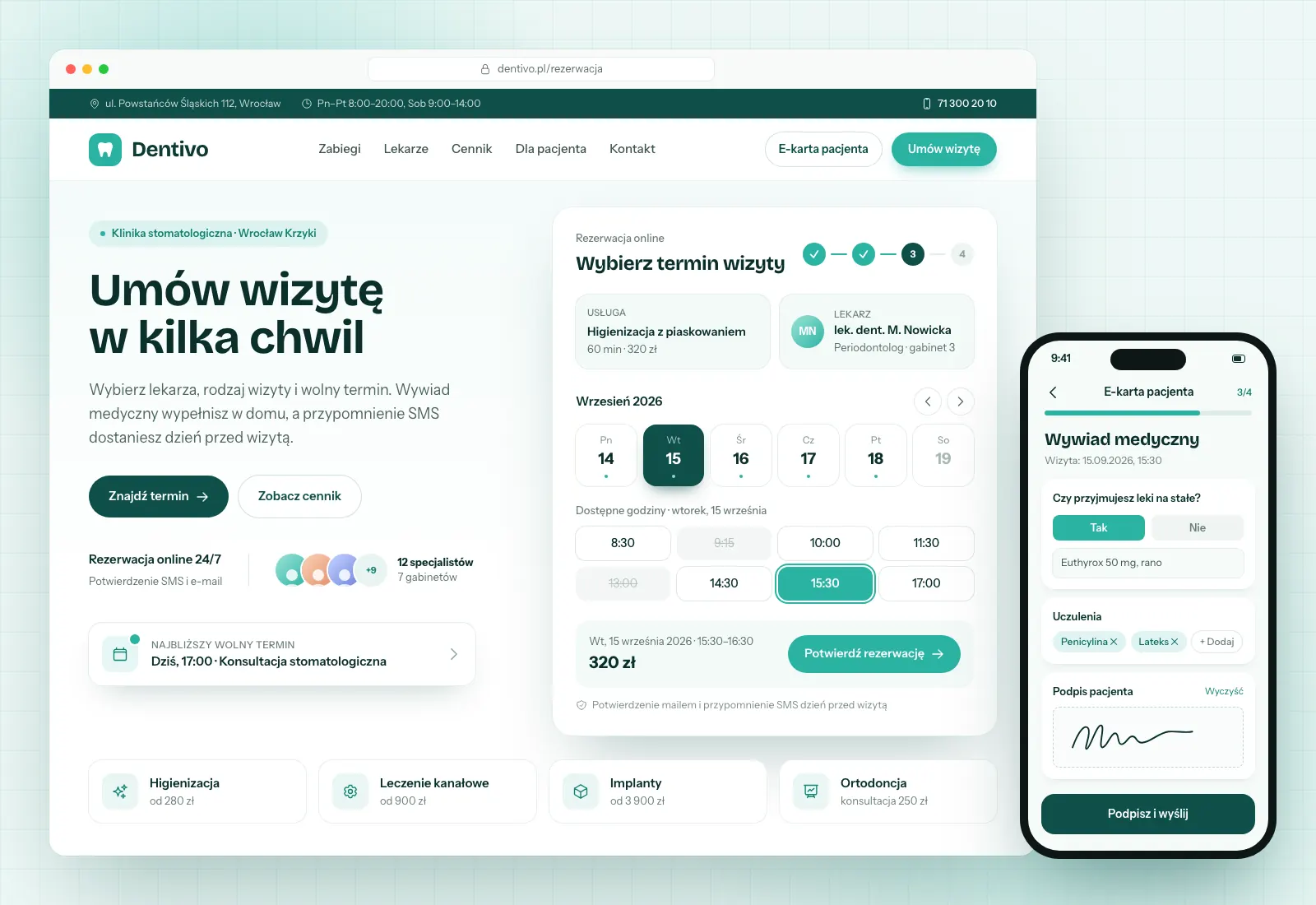 Strona i rezerwacje online dla kliniki stomatologicznej